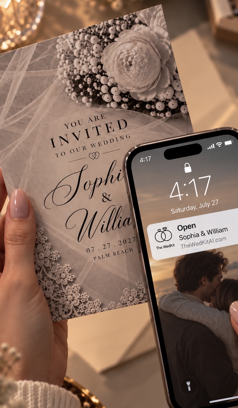 A printed wedding invitation, and the phone opening it